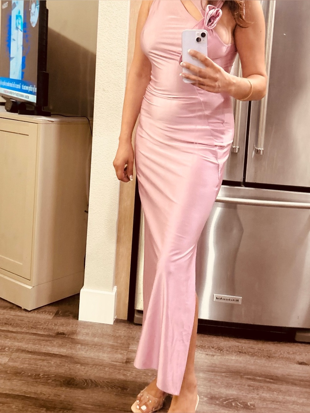 Elegant Pink Satin Maxi Dress with Asymmetric Strap